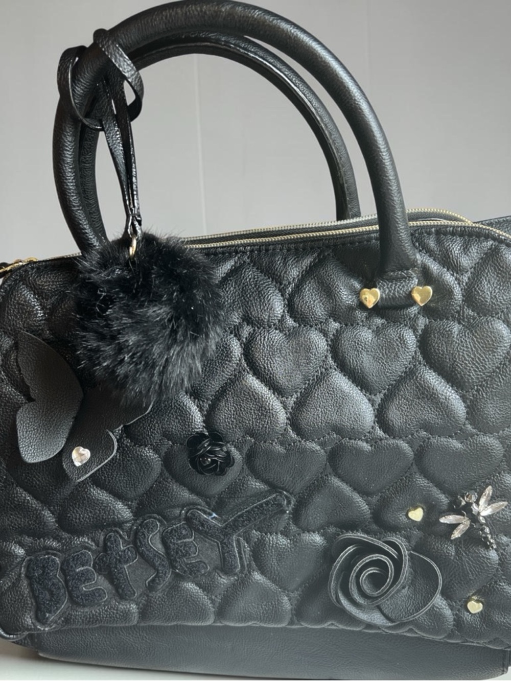 Z-Betsey Johnson Black Quilted Heart Satchel with Pom Pom Charm